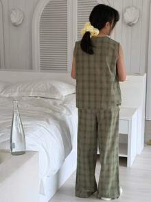 DAZY Conjunto de chaleco sin mangas de cuello redondo a cuadros y pantalones para niñas preadolescentes, para otoño - Verde - Ver 6