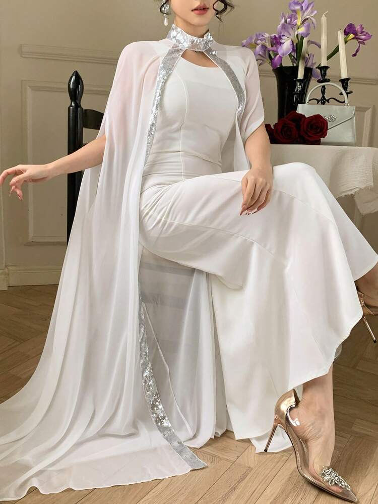 Women's Sequin Color Block Cover-Up Patchwork Slip Dress, Elegant Party Dress 2-Piece Set