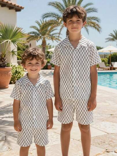 SHEIN 男童纯色 Polo 领衬衫和短裤套装，夏季