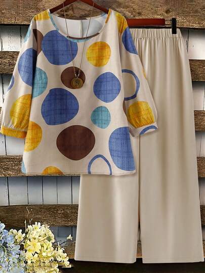 SHEIN LUNE 两件套加大码女式波点印花上衣和宽松长裤套装，时尚休闲日常通勤装扮