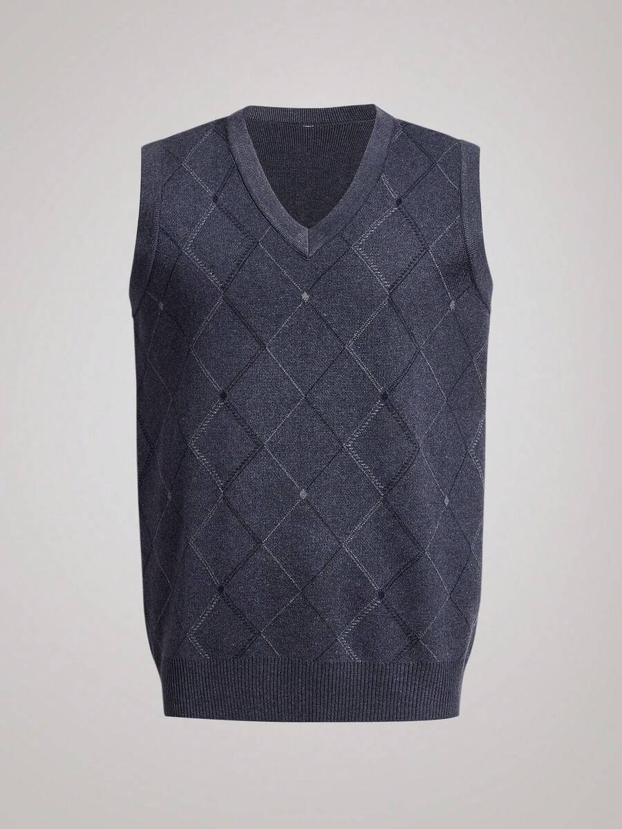 Officeau 男士秋冬菱形图案针织背心毛衣 - 灰色 - 查看 1