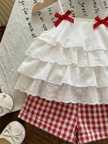Conjunto de top de tirantes con volantes y shorts a cuadros para niña, estilo lindo de vacaciones de verano - Multicolor - Ver 4