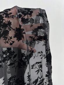 Elamini 女士蓝色植绒不对称V领短袖T恤衫，蕾丝上衣，优雅高贵，正式场合批发服装，女士特殊场合正式服装 - 黑色 - 查看 7