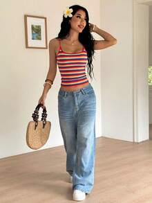 SHEIN EZwear Top de tirantes con estampado de rayas de colores de arcoíris de verano - Multicolor - Ver 3