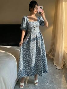 Mulvari Robe élégante et romantique à manches longues, taille cintrée et coupe évasée, en jacquard vert, pour le printemps/été - Vert - Voir 4