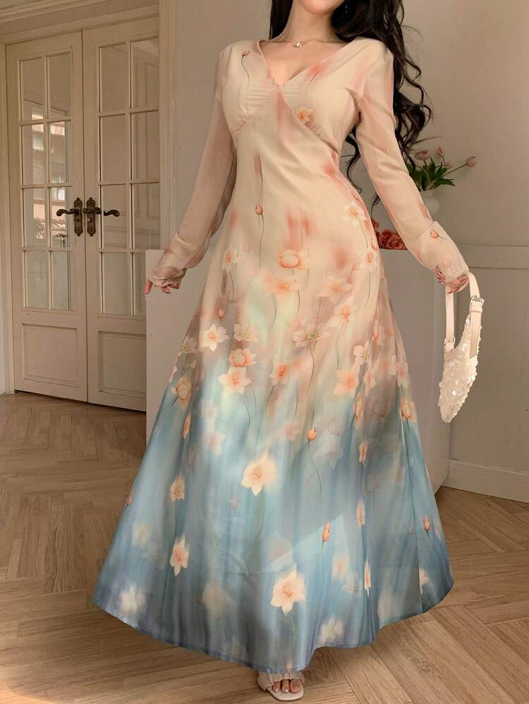 Women's V-Neck Floral Print Tie-Waist Ombre Elegant Dress Maxi Dress Sundress