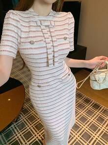 DAZY Spring/Summer White And Pink Short Sleeve Midi Dress, Elegant ...