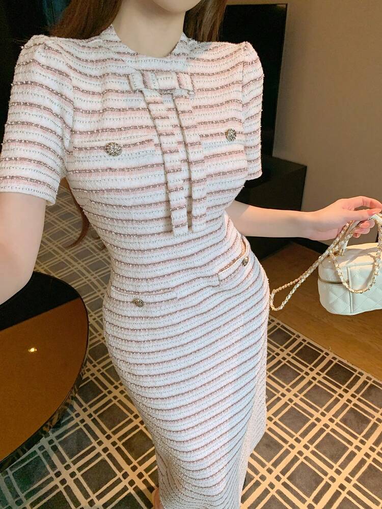 Spring/Summer Striped Short Sleeve Midi Dress, Elegant For Valentine's Day, Wedding, Party, Banquet, Vacation, Commute