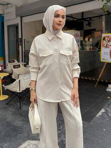 DAZY 女士休闲纯色口袋衬衫和阔腿裤两件套，春季女士家居服套装，女士短款套装 - 白色 - 查看 6