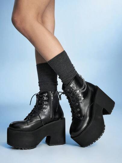 Sugerpunk Women's Black Punk Style Round Toe Chain Decor Side Zipper Lace-Up Thick Heel Ankle Boots Valentine's Day