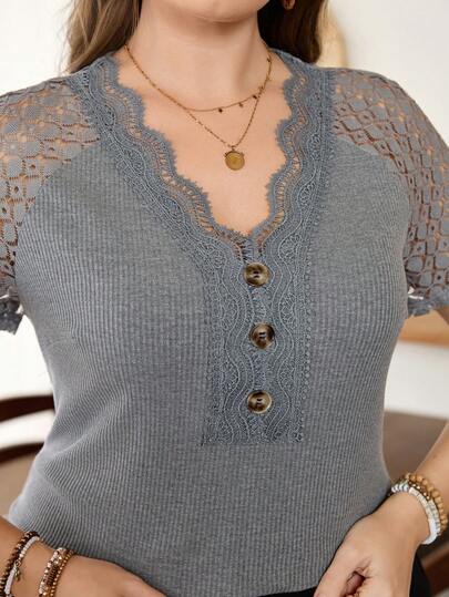 Lacomfia Plus Size Women Casual Lace Patchwork Knit T-Shirt, Spring/Summer