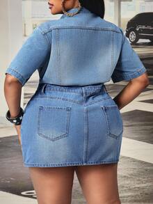 Slaydiva Plus Size Cowgirl Blue Denim Bodycon Dress, Spring Outfits For Women - Medium Wash - View 2