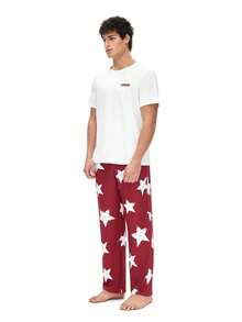 SHEIN Men's Casual Star Print Short Sleeve T-Shirt And Pants Loungewear Set - Red and White - View 5