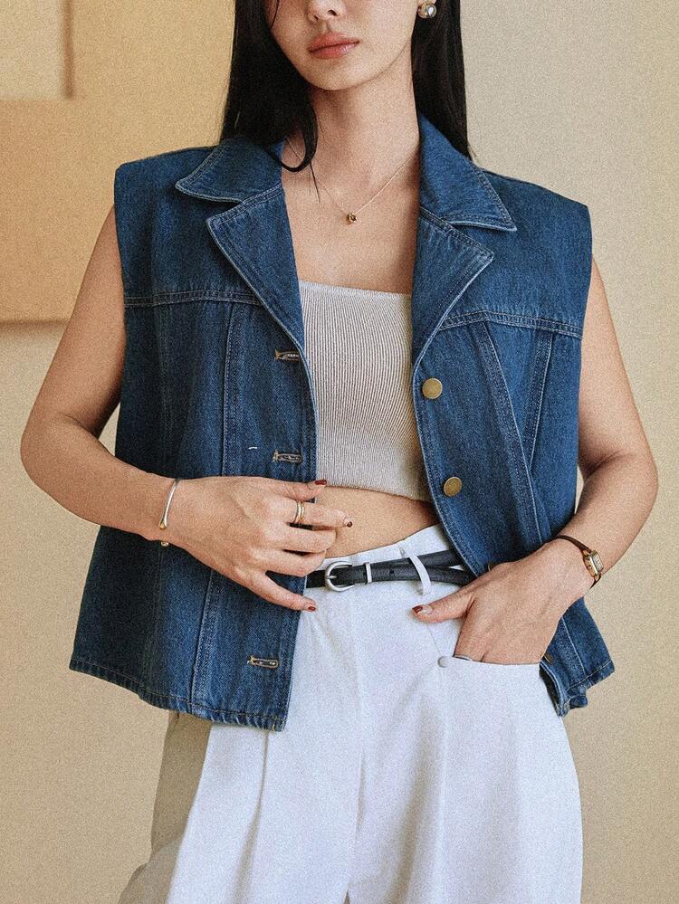 Women's Turndown Collar Sleeveless Short Casual Washed Denim Jacket