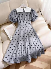 SHEIN 少女可爱白色翻领连衣裙，黑色蝴蝶结装饰；休闲灰色泡泡袖连衣裙 - 灰色 - 查看 2