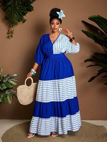 Maweii 大码女式休闲条纹撞色拼接连衣裙，百搭多层荷叶边收腰设计，七分袖，优雅度假风，适合日常、工作、通勤穿着。 - 彩色 - 查看 4