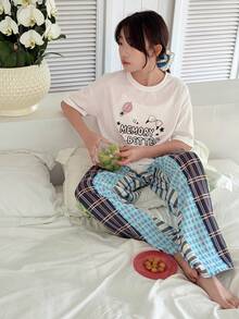 DAZY 少女圆领印花短袖T恤和格子裤家居服套装，秋夏季 - 彩色 - 查看 5