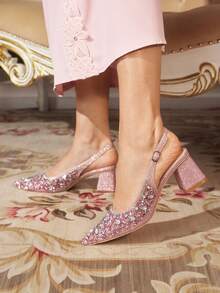 CUCCOO TILAWA Chaussures pour femmes à talon carré en tissu avec décoration de strass en verre. Chaussures à talons hauts pointus, convenant pour les sorties, les banquets, les fêtes et autres activités - Rose bonbon - Voir 2