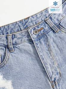 Rivivi Quần short denim nữ kiểu dáng thường ngày, rách nhẹ, có túi và gấu quần tua rua, đa năng cho trang phục hàng ngày. - Màu xanh lam - Xem 7