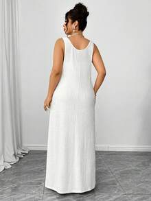 Elenzga Plus Size White Summer Elegant Holiday Party Pleated Textured Knit 3D Floral Maxi Dress & Fitted Cropped Camisole 2 Piece Set For Outing,Vacation - White - View 2