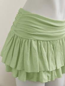 Elamini Beige Pleated High Waist Low Waist Double-Layer Chiffon Skirt, European And American Vacation Style Fairy Short Skirt - Green - View 6