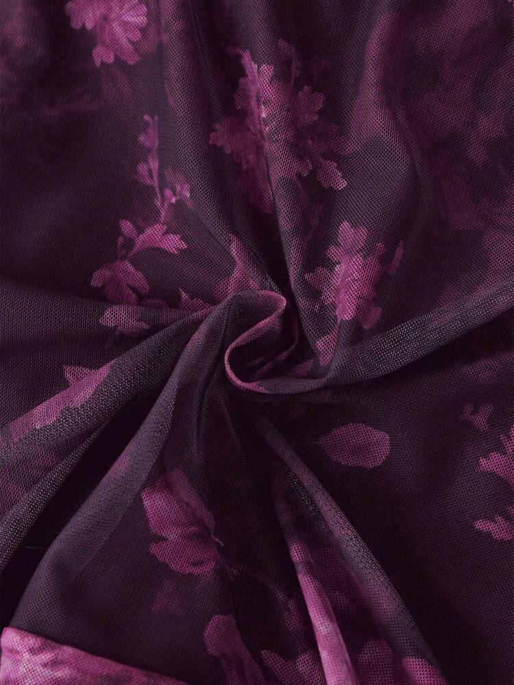 Franclia Body de manga larga con estampado de leopardo y malla transparente para mujer - Morado - Añade 3