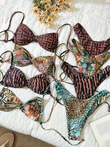 Elavelle Conjunto de bikini sexy con corte alto de mujer para primavera con estampado de leopardo, tiras de espagueti de tela y lazo torcido - Multicolor - Ver 2