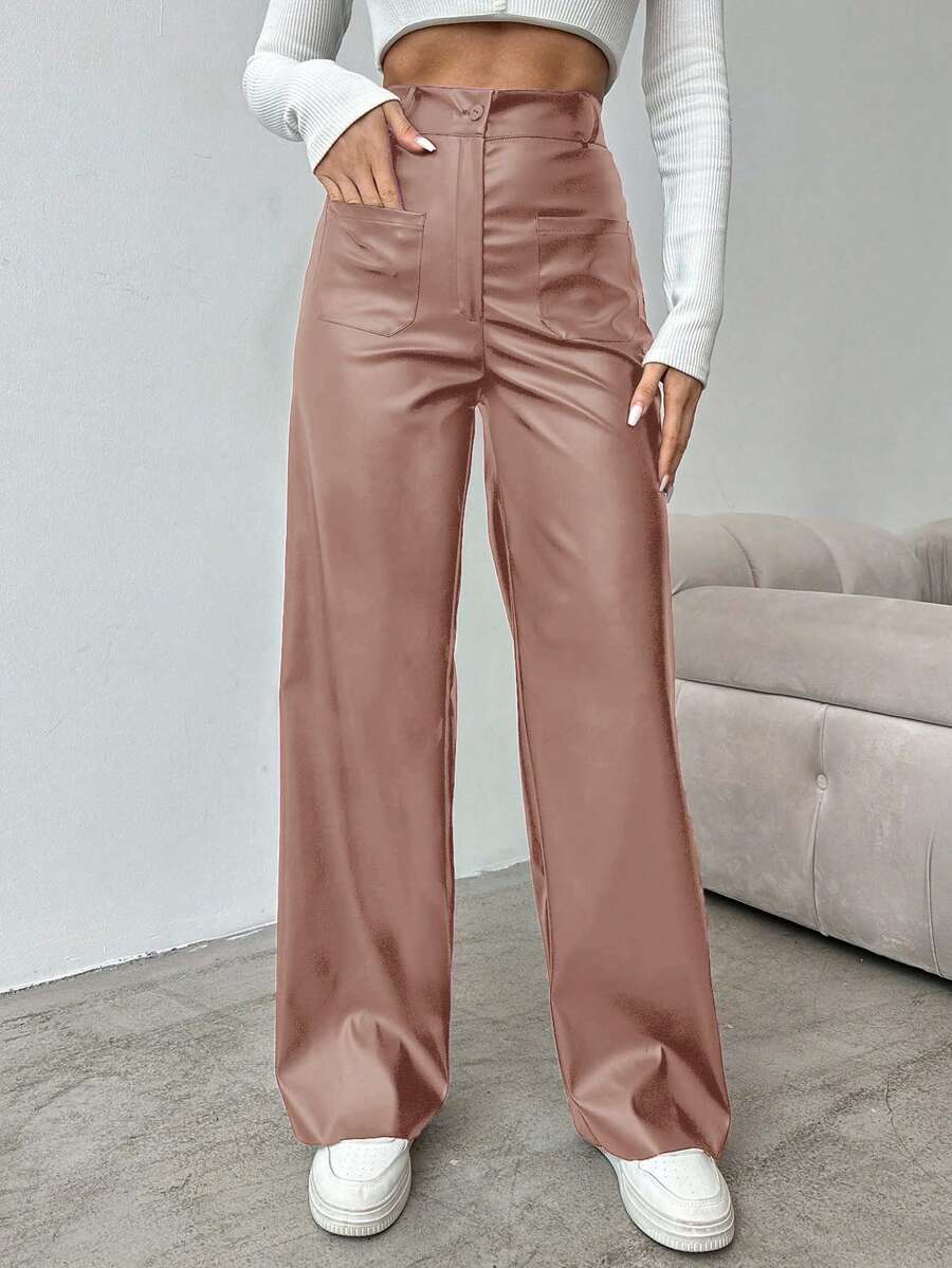 EURMUSE Women's Solid Color High Waist Straight Leg Pants, Suitable For Commuting - Pink - View 1