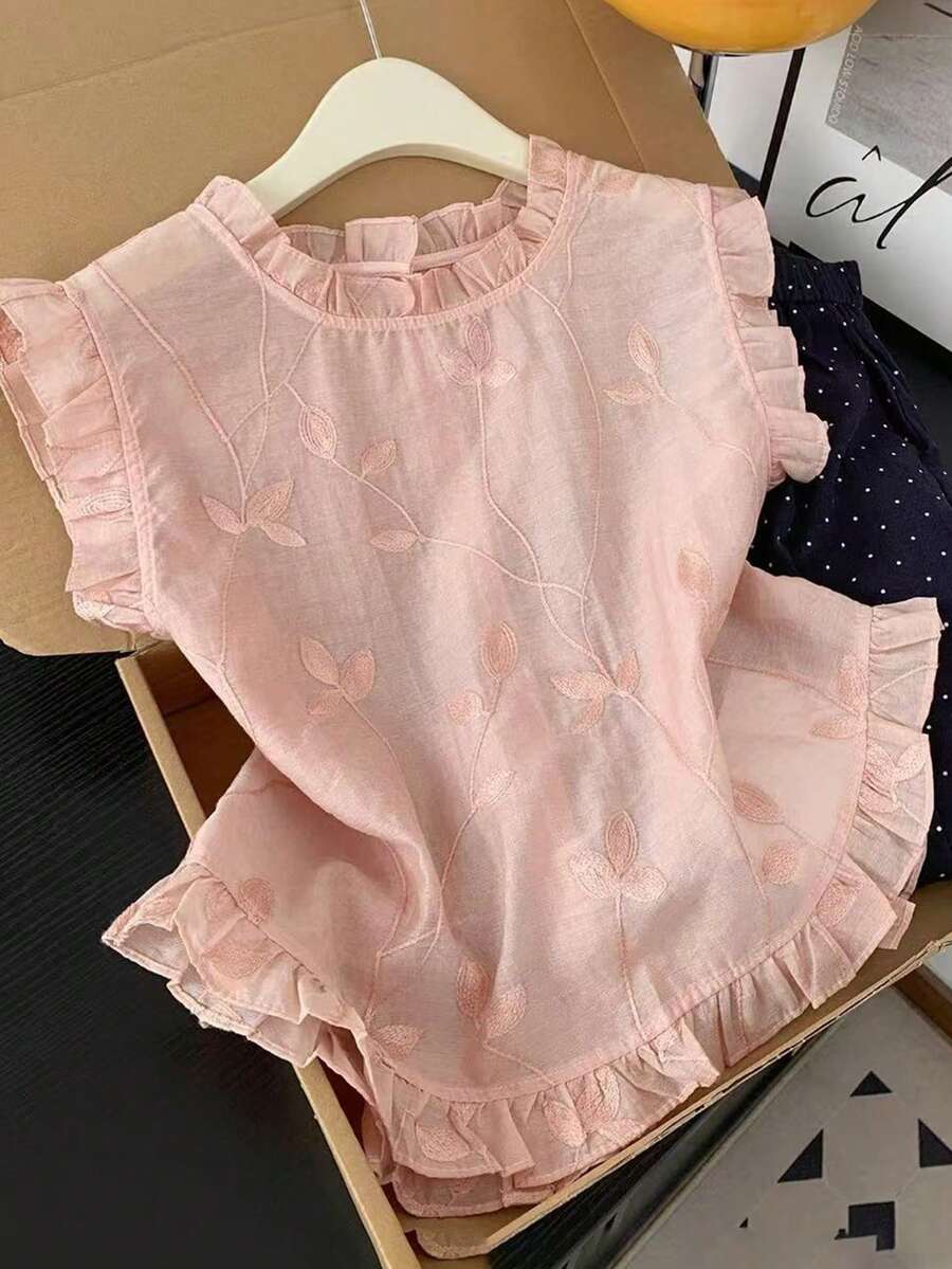 GlowEve Women's Sleeveless Embroidered Frill Trim Shirt - Baby Pink - View 1