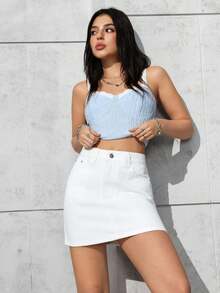 SHEIN PETITE 女士休闲日常通勤简约百搭牛仔半身裙，夏季 - 白色 - 查看 4