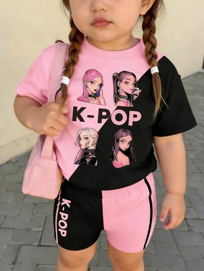 Baby Girl Spring And Summer Casual Fashion Creative Personalized Refreshing Minimalist Cool Virtual Girl Group Striped Pink & Black Graphic Letter Print T-Shirt And Bike Shorts Set, Comfortable Daily Wear