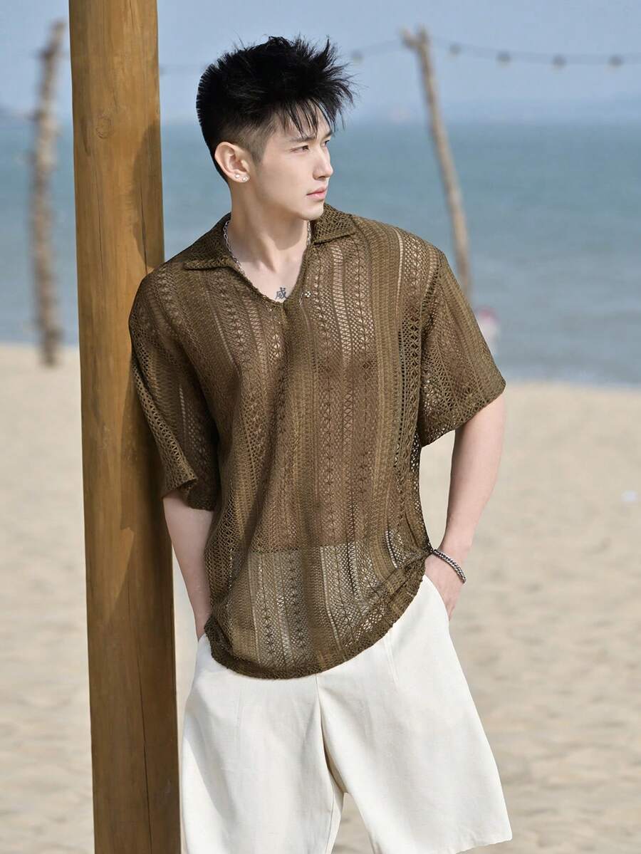 DAZY 男士棕色镂空领度假风 Polo 衫，夏季款 - 棕色 - 查看 1