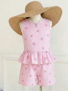 Young Girls T-Shirt Set, Sleeveless Top + Ruffle Hem Babydoll Style, Paired With Matching Shorts, Overall Fresh Casual Set; Soft Pink Tone + Bow Accent, Typical Sweet Style Suitable For Spring-Summer - Pink - View 9