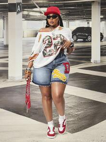 Slaydiva Quần short denim không co giãn dành cho nữ cỡ lớn, kiểu dáng retro Mỹ, họa tiết thêu chữ nhiều màu sắc, ống quần thẳng. - Rửa trung bình - Xem 7