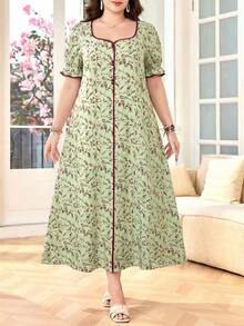 Lacomfia Đầm nữ cỡ lớn cổ vuông tay cánh hoa dáng rộng thoải mái họa tiết hoa nhí lãng mạn - Nhiều màu - Xem 1