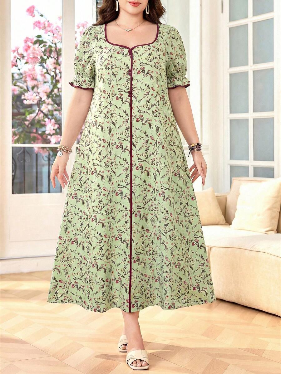 Lacomfia Đầm nữ cỡ lớn cổ vuông tay cánh hoa dáng rộng thoải mái họa tiết hoa nhí lãng mạn - Nhiều màu - Xem 1