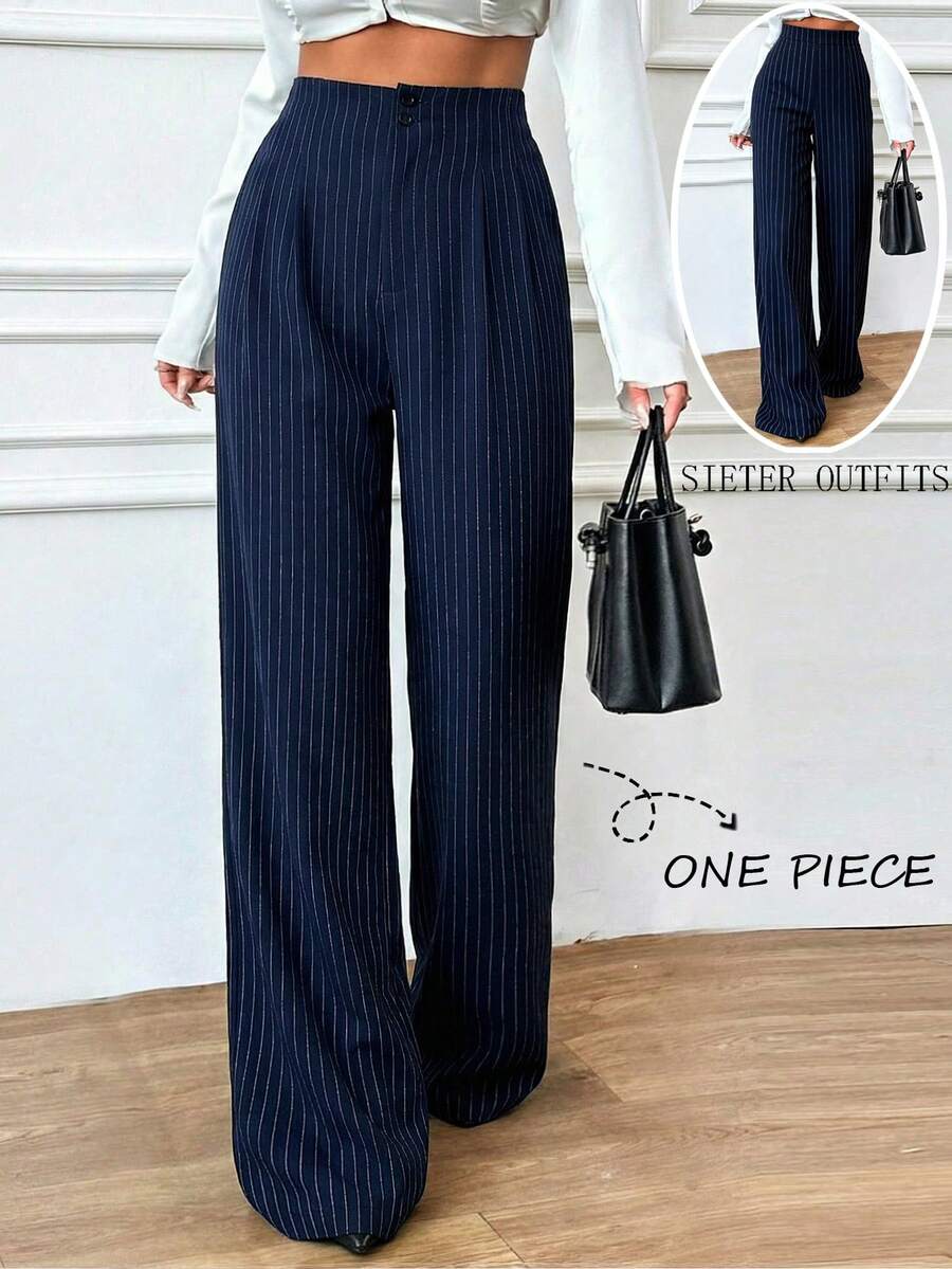 Pariaura Women's Elegant Navy Blue And White Striped Trousers,Autumn Office Fashion Straight Wide-Leg Pants,Simple Casual Commuting Versatile Pocket Trousers
