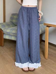 DAZY Lace Patchwork Floral Pattern Loose Straight Pajama Pants, Spring & Summer Women Sleepwear Bottom - Navy Blue - View 9