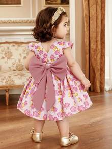 Glamorique Kids Mädchen Blumen Muster V-Rücken Satin Kleid mit 3D Schleife, elegantes aufgeblähtes Prinzessin Partykleid für Blumenmädchen, Hochzeit, Bankett - Pink - Übersicht 2