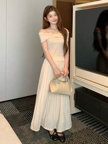 DAZY Women's French Style 2-Piece Set, Knotted Off-Shoulder Knit Top And High-Waist Skirt, Spring/Summer - Apricot - View 7