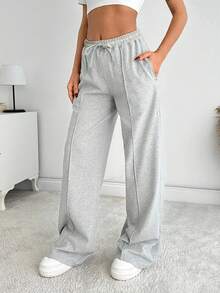 EURMUSE Women Solid Color Mid Waist Straight Sweatpants - Grey - View 4