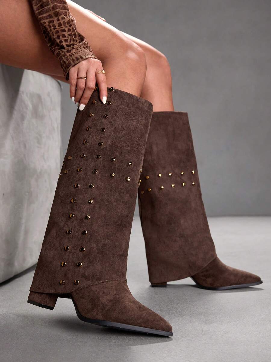 CUCCOO SZL 简约尖头过膝高跟靴，秋冬季时尚休闲之选 - 咖啡棕 - 查看 1