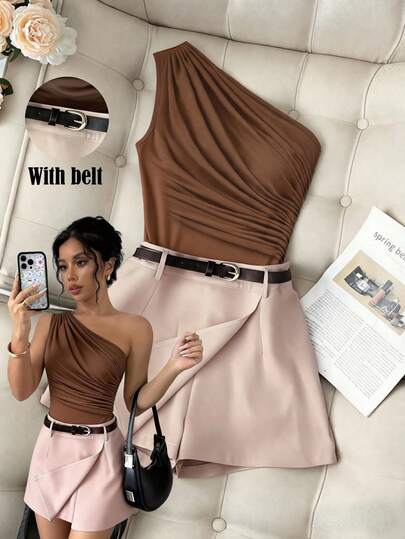 Franclia Conjunto de 2 piezas de blusa plisada sin mangas ajustada y pantalones cortos/falda de tela de traje de unicolor, estilo francés elegante, adecuado para uso diario, verano, ir al trabajo