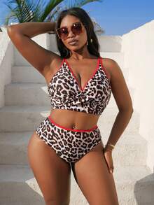 Slaydiva 2026 New Plus Size Women 2pcs Leopard Print Red Trim Contrast Color Deep V Neck Bikini Set, Beach Vacation - Multicolor - View 5