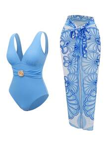 Swim Oasis 女士蓝白碎花性感沙滩泳装套装，夏季 - 藍色 - 查看 3