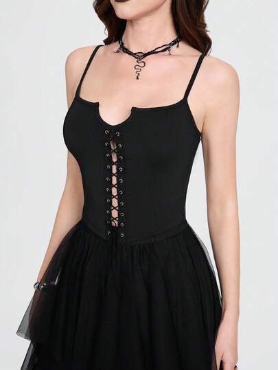 Breakform 女士哥特风性感细肩带修身吊带背心，系带吊带背心，黑色吊带背心，针织面料吊带背心