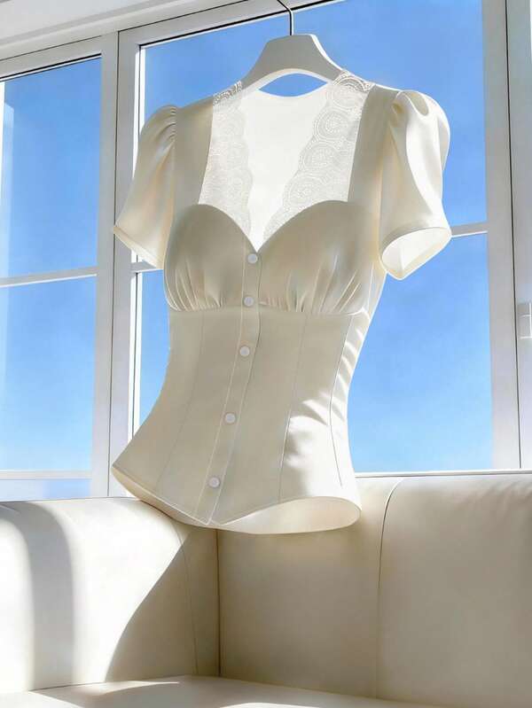 Franclia Women's Solid Color Pleated Single-Breasted Casual Versatile Daily Wear Short Sleeve Shirt Cream Top Ivory Top Corsets Women Tops Cream Blouse White Tops Elegant White Corset Tops For Women Corset Outfit