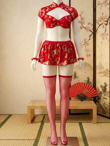 Fantasy Costume Fantasy Costume 6件套经典中国风龙纹印花钢圈上衣、A字裙、渔网袜大码内衣套装 - 紅色 - 查看 9