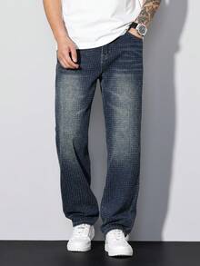 Manfinity Homme Quần jean denim nam kiểu retro vintage, quần ống đứng dáng ôm thoải mái. - Rửa trung bình - Xem 4