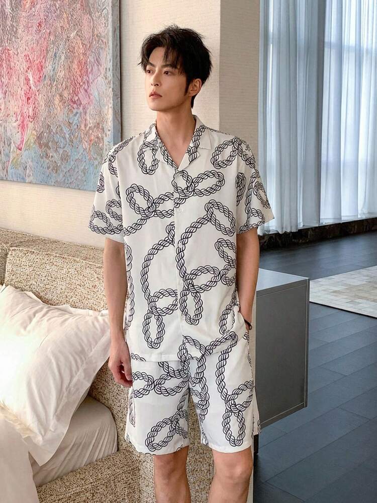 Men's Floral Print Short Sleeve Top And Shorts Pajama Set, Summer